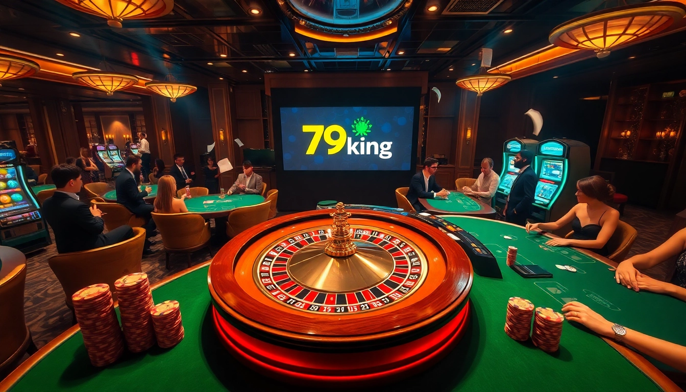 A vibrant casino scene featuring players engaged in games with 79king branding, showcasing roulette, poker, and slot machines.