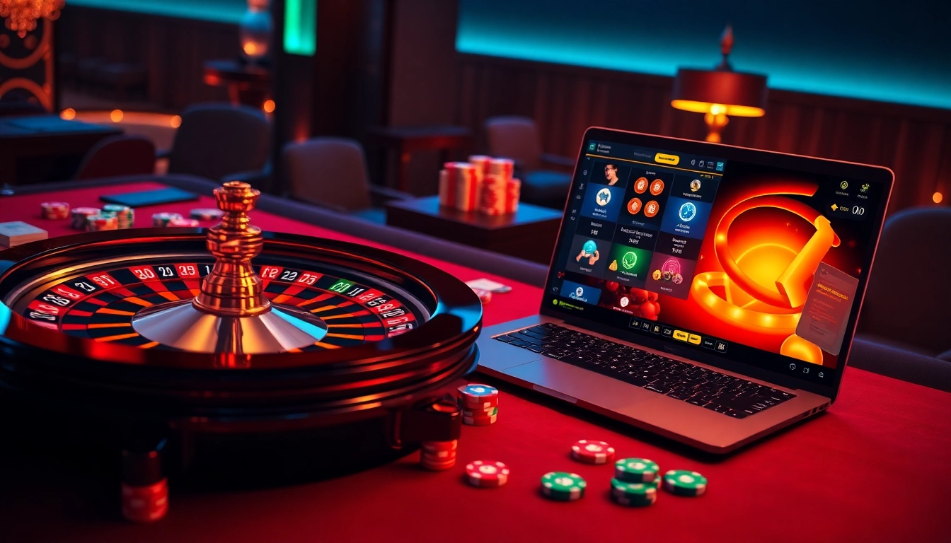 Experience thrilling online gambling on MK8.COM with vibrant casino elements like roulette and poker chips.