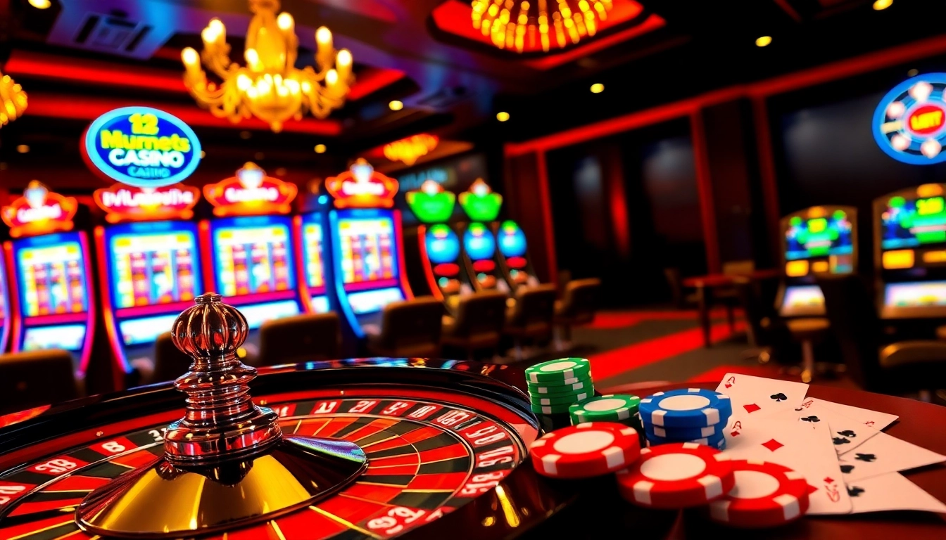 Experience thrilling gaming action at https://kubet77i.ink/ with vibrant casino visuals featuring roulette wheels and poker chips.