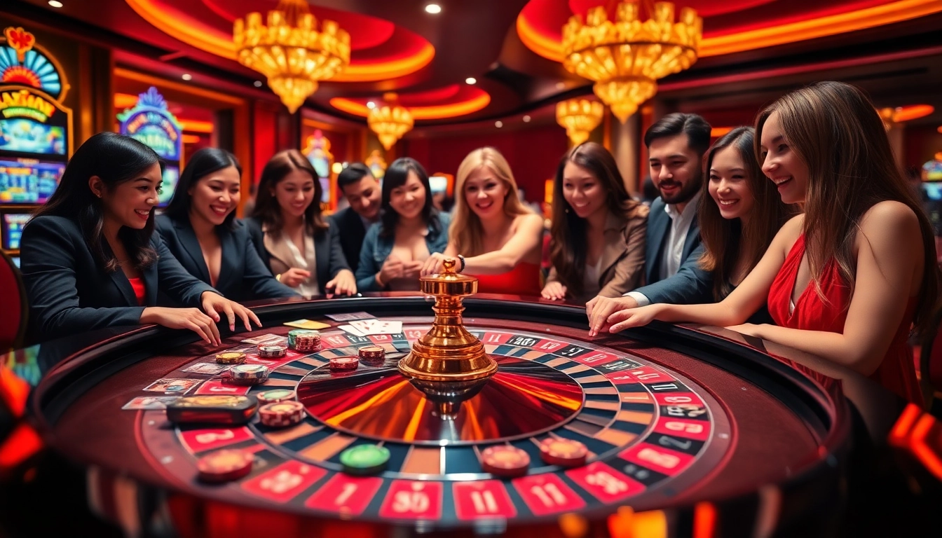 An engaging scene of players at a roulette table in a luxurious casino, highlighting excitement and high stakes at http://8kbetok.com/.