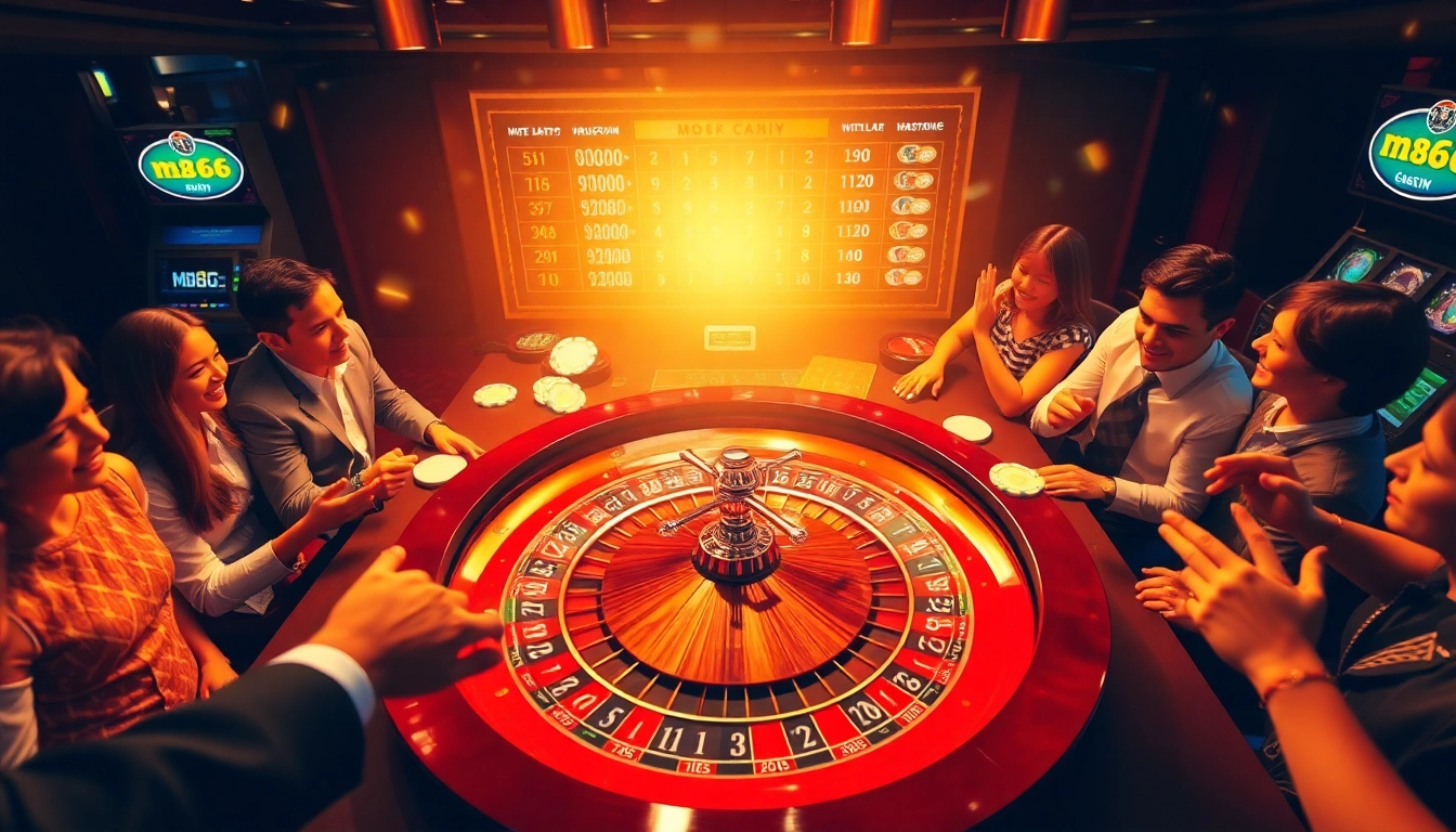 Excited players engaging at a roulette table, emphasizing link mb66 and vibrant casino atmosphere.