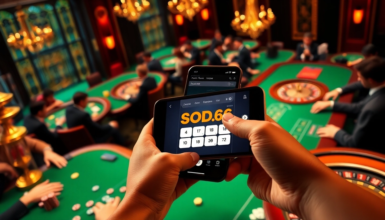 Players enjoying casino games on the SODO66.com app with vibrant poker chips and dice.