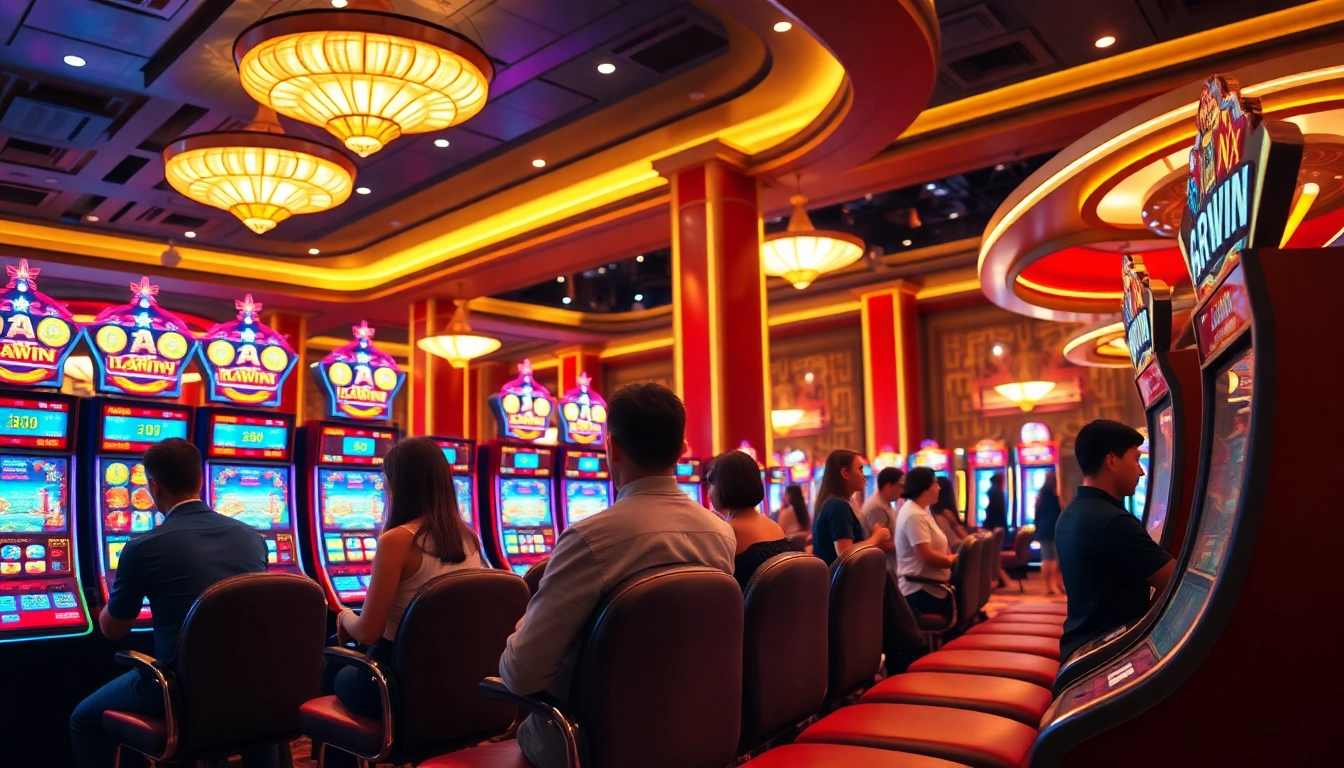 Experience the excitement of nổ hũ 68win at a vibrant casino with slot machines and eager players.