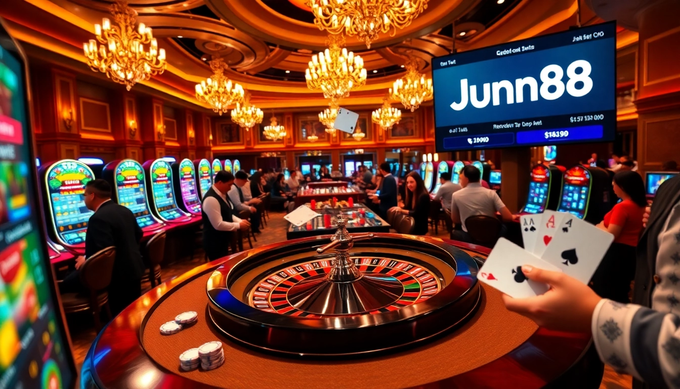 Experience the thrill of betting at Jun88's vibrant casino with roulette and poker games.
