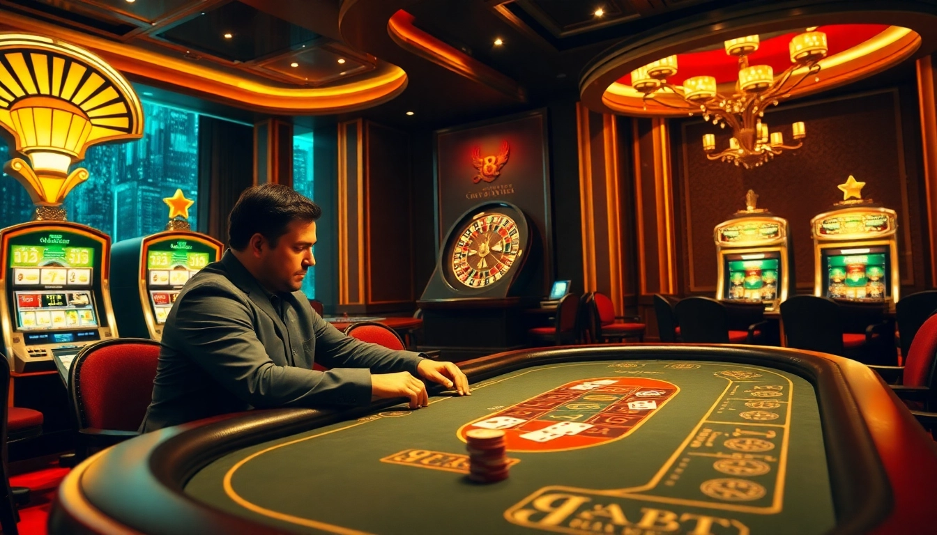 Engaged players at a luxurious 8kbet casino table, surrounded by vibrant gambling elements.