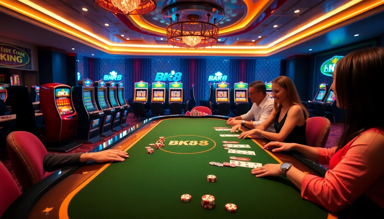 BK8 gaming table with live dealer and slot machines in vibrant casino atmosphere.