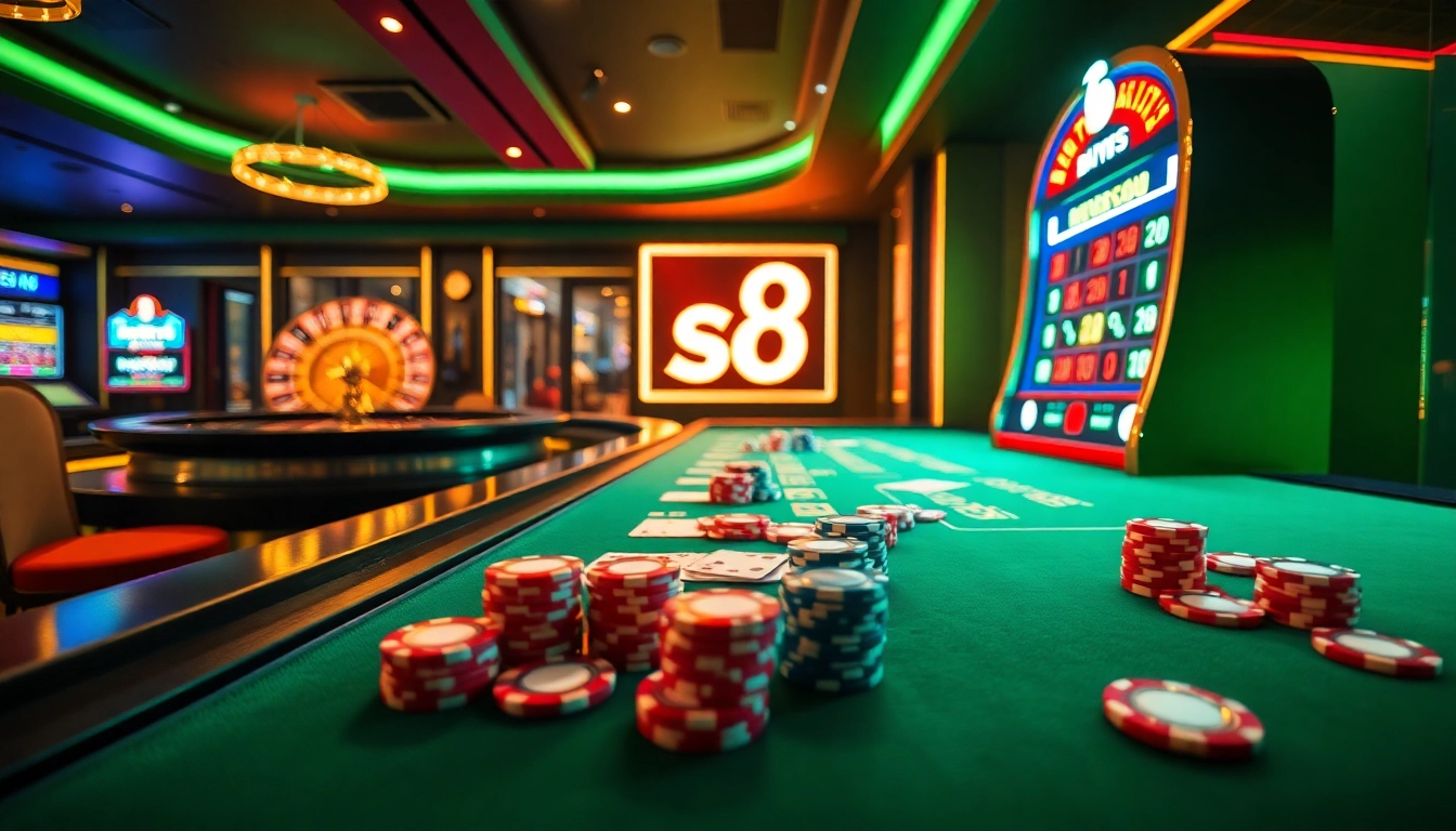Engage with the thrilling s8 casino experience featuring poker chips and a roulette wheel.