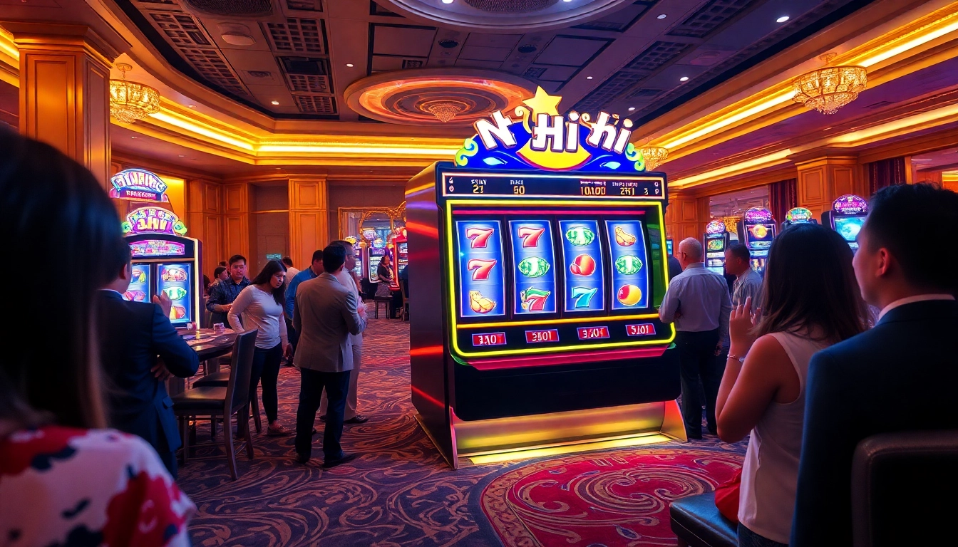 Players celebrating a big win on the nổ hũ slot machine in a luxurious casino setting.