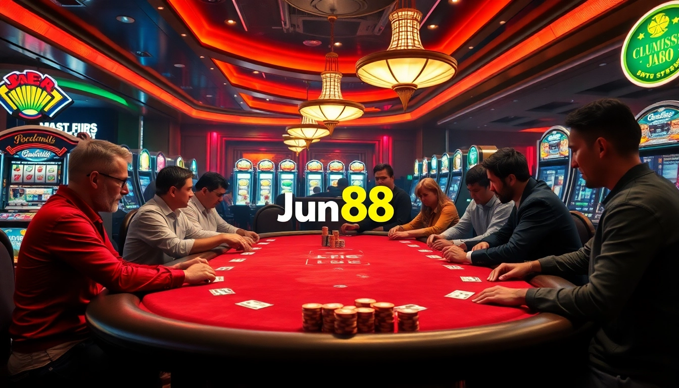 Engage in thrilling gameplay at Jun88, featuring vibrant casino tables and energized gamblers.