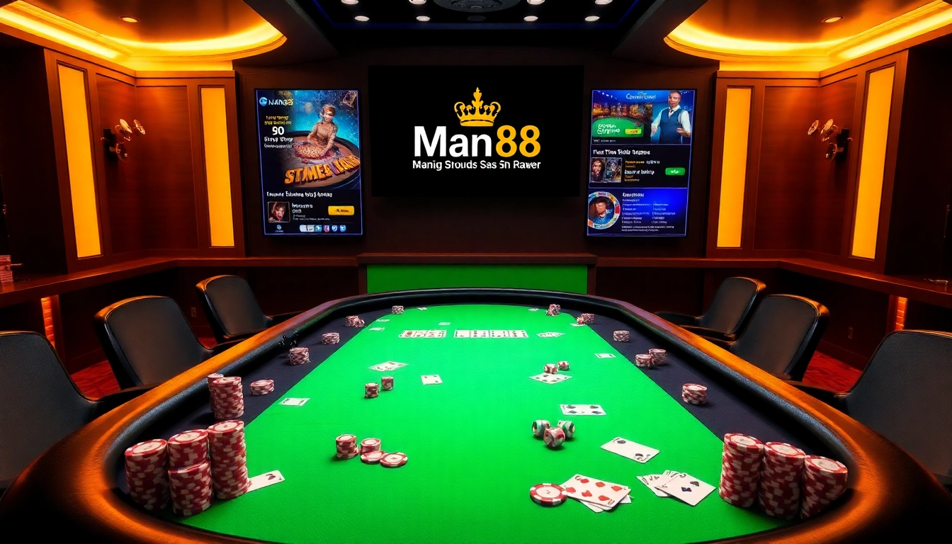 Experience thrilling gaming action with Man88's luxurious casino setup, featuring poker chips and cards.