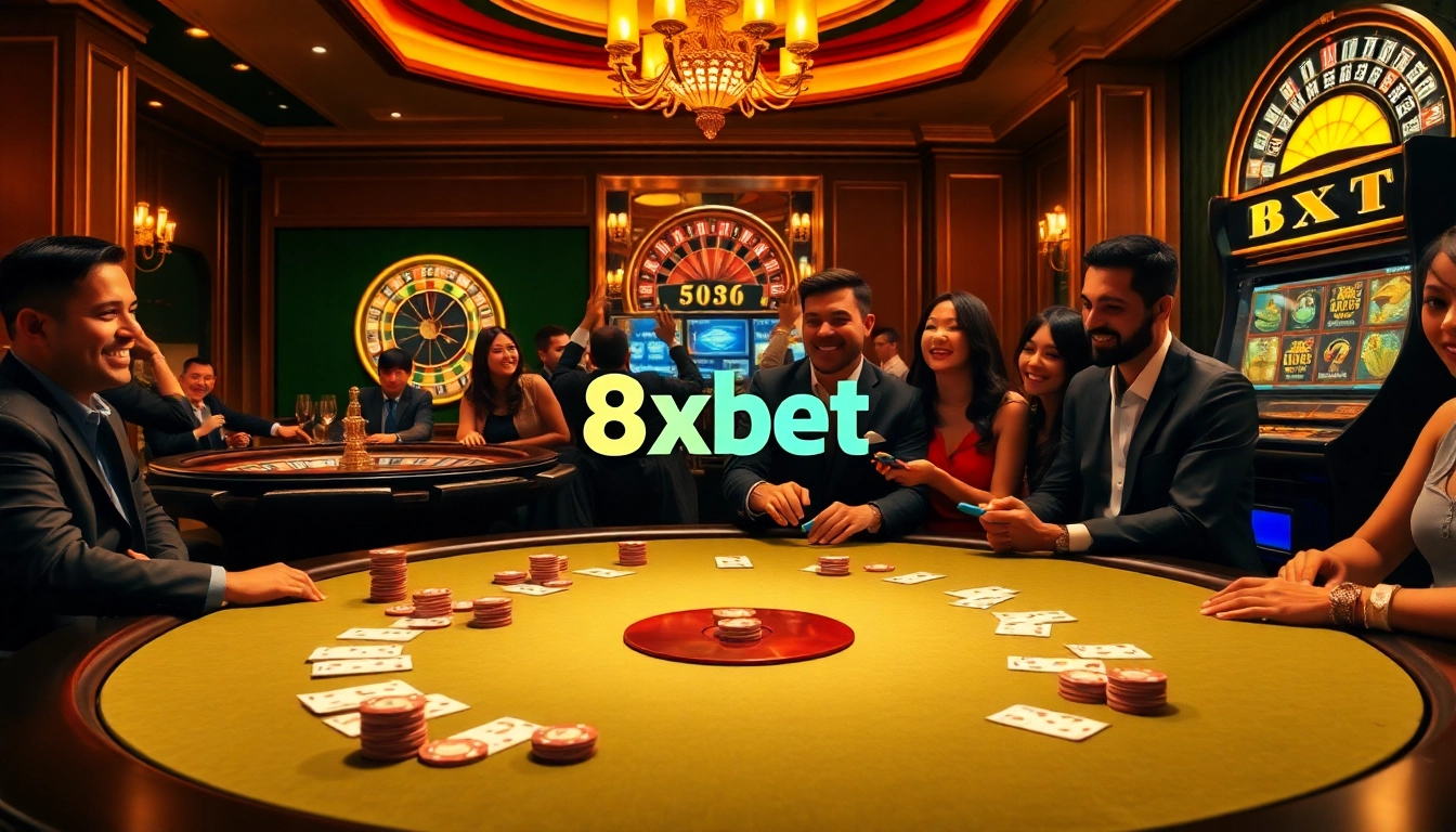 Engaging scene of a thrilling casino with 8xbet branding, featuring poker chips and excited players.