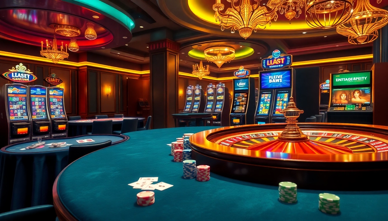 Engaging gambling scene showcasing Nhà Cái LC88 with poker chips, cards, and a roulette wheel.