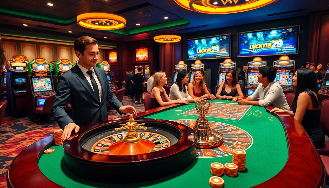 Players enjoying the thrill of betting at Luckywin's extravagant casino tables.