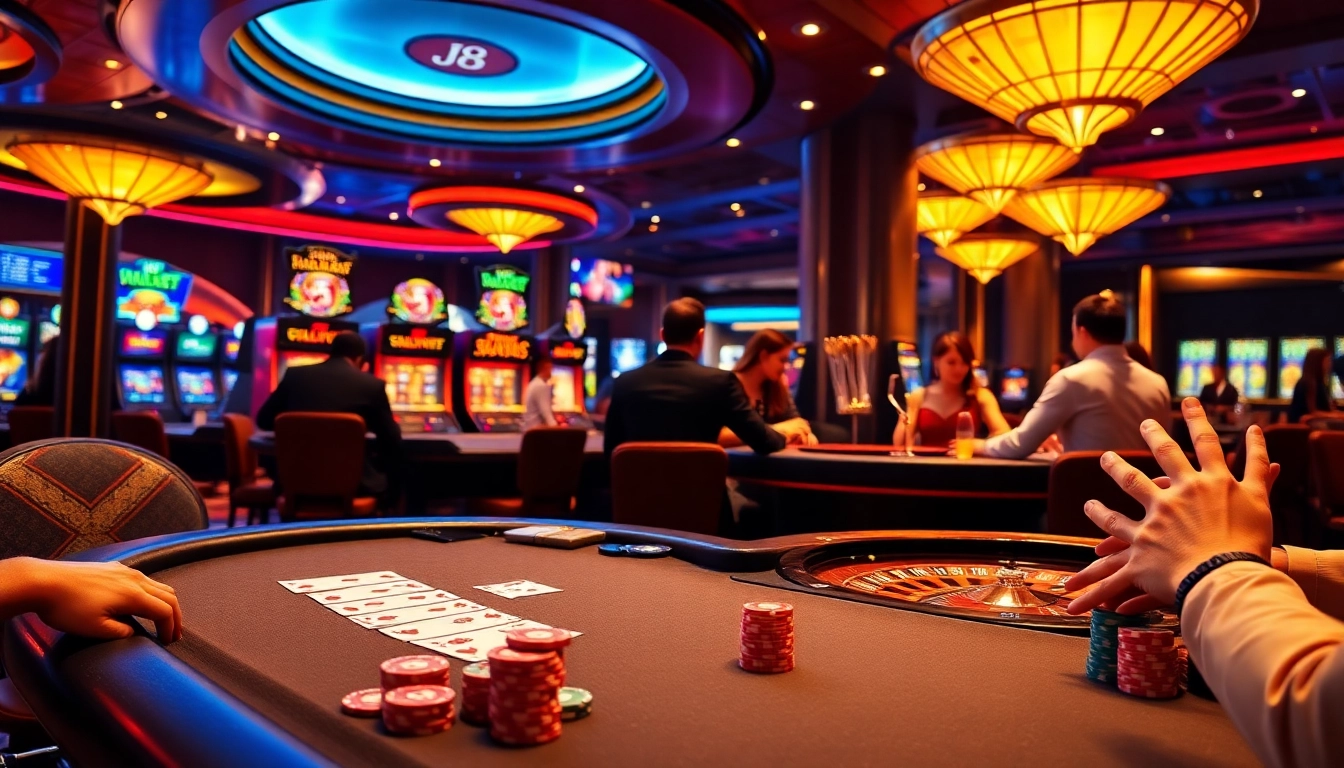 J8 players engaging at a modern casino table with vibrant chips and cards