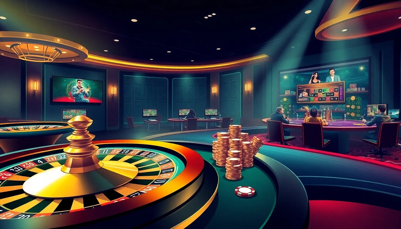 Engaging casino scene highlighting nhà cái uy tín NEW88 with live gaming action and glamorous settings.