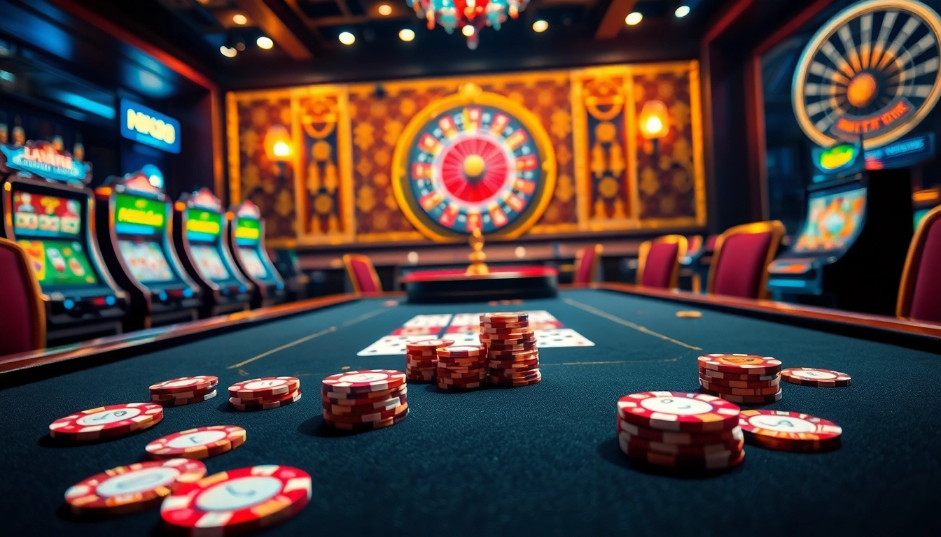 NK88 casino scene showcasing poker table and slot machines, radiating excitement and luxury.