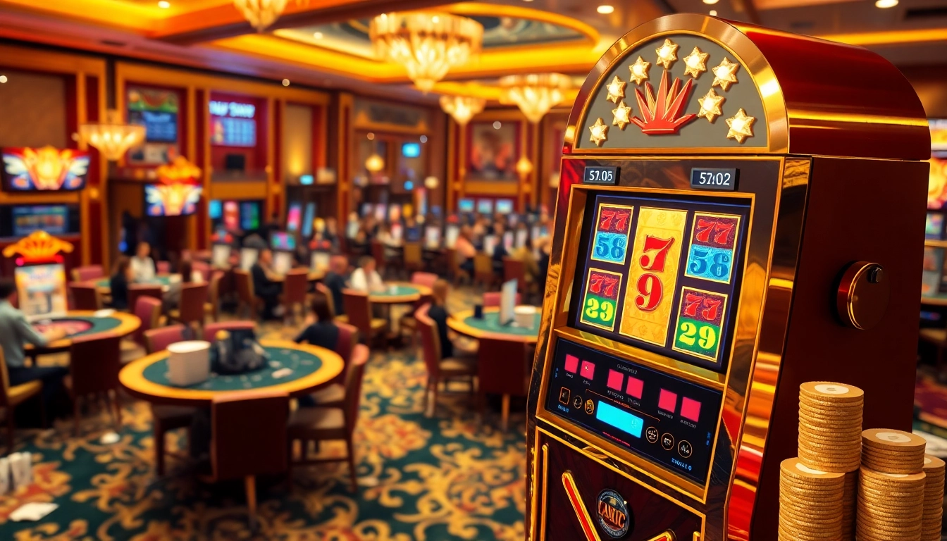 Experience thrilling wins at slot88 with a luxurious casino scene featuring vibrant slot machines and excited players.