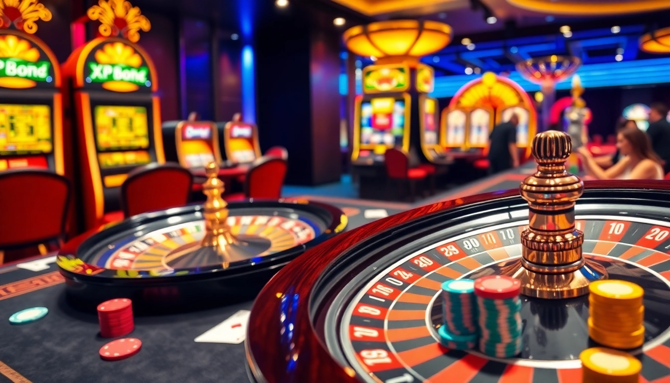 Engage in thrilling KP88 game action at an elegant casino with vibrant tables and roulette wheels.