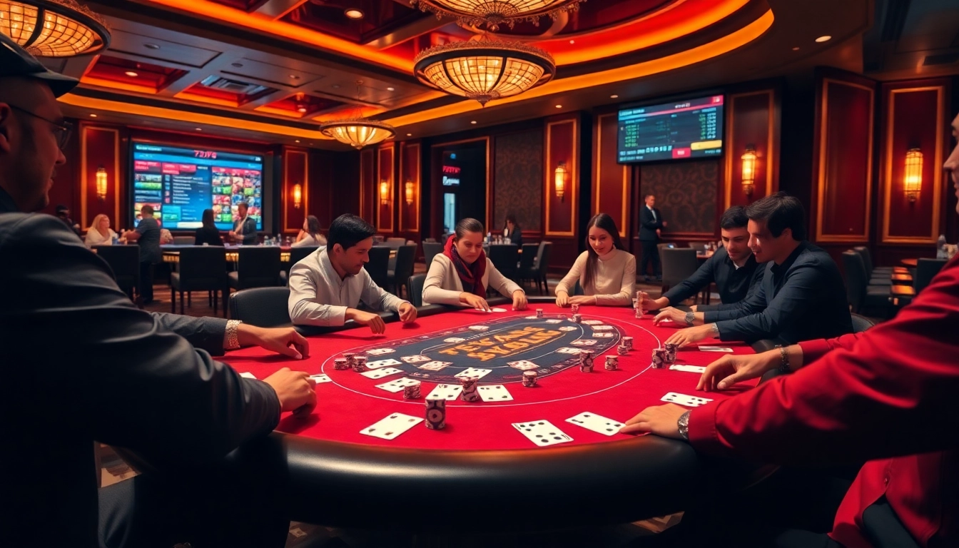 A thrilling scene of poker action at 789f casino, showcasing players and poker chips under warm lighting.