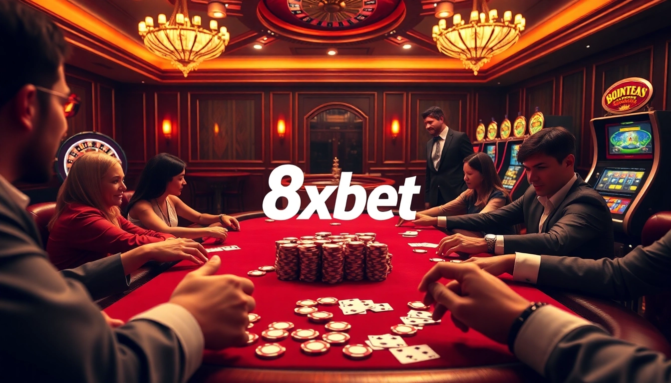 Experience the thrill of winning at 8xbet with an engaging poker scene featuring vibrant chips and intense gameplay.