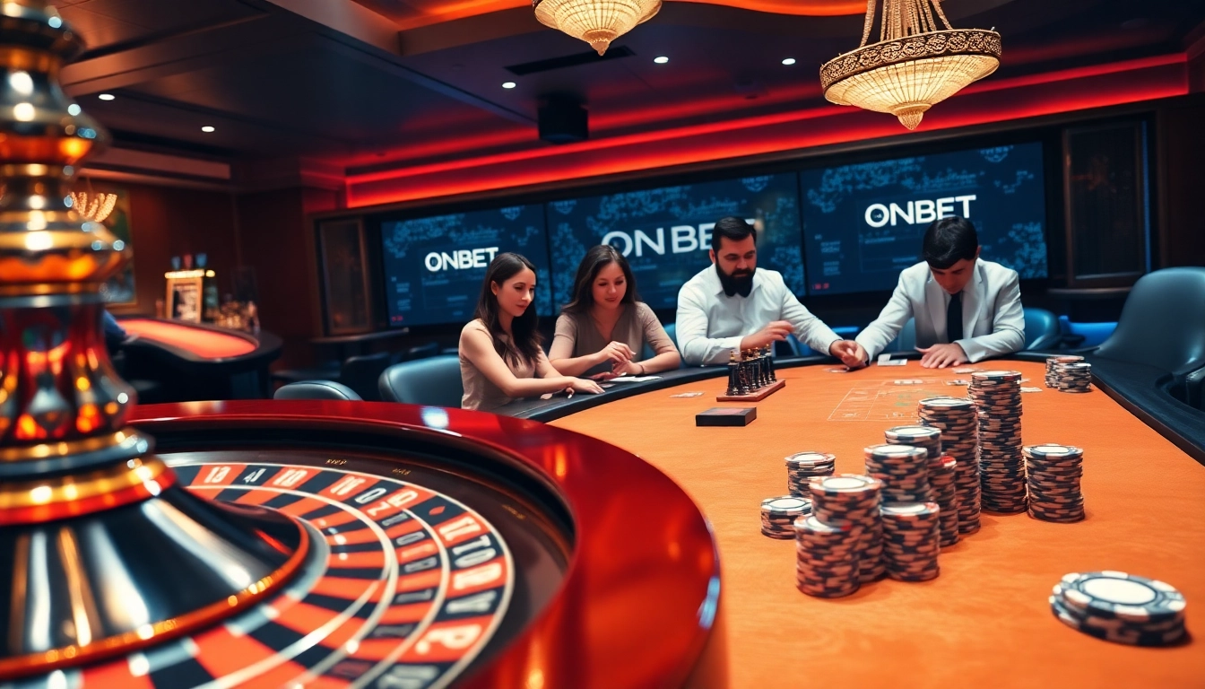 Players enjoying a thrilling game at ONBET casino, featuring roulette, blackjack, and poker excitement.