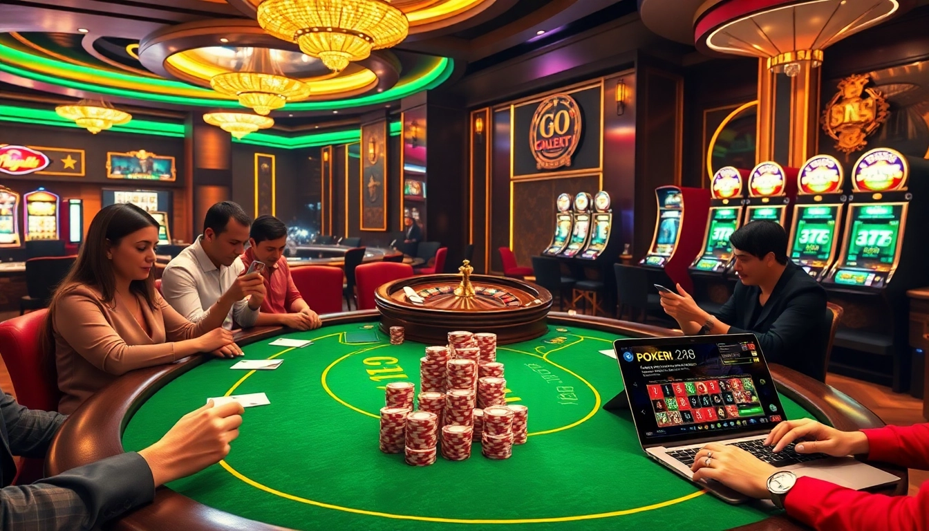 Engaged players enjoying go 88 on a luxurious poker table surrounded by slot machines.