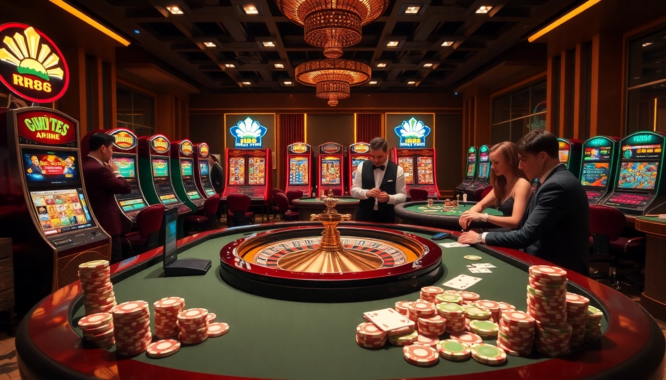 Engage with thrilling RR88 casino action at a dynamic roulette table surrounded by eager players.