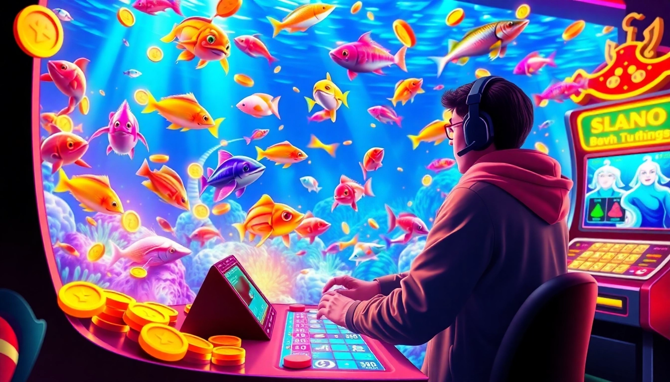 Bắn cá đổi thưởng action scene with colorful fish, virtual player, and vibrant prizes in an online casino environment.