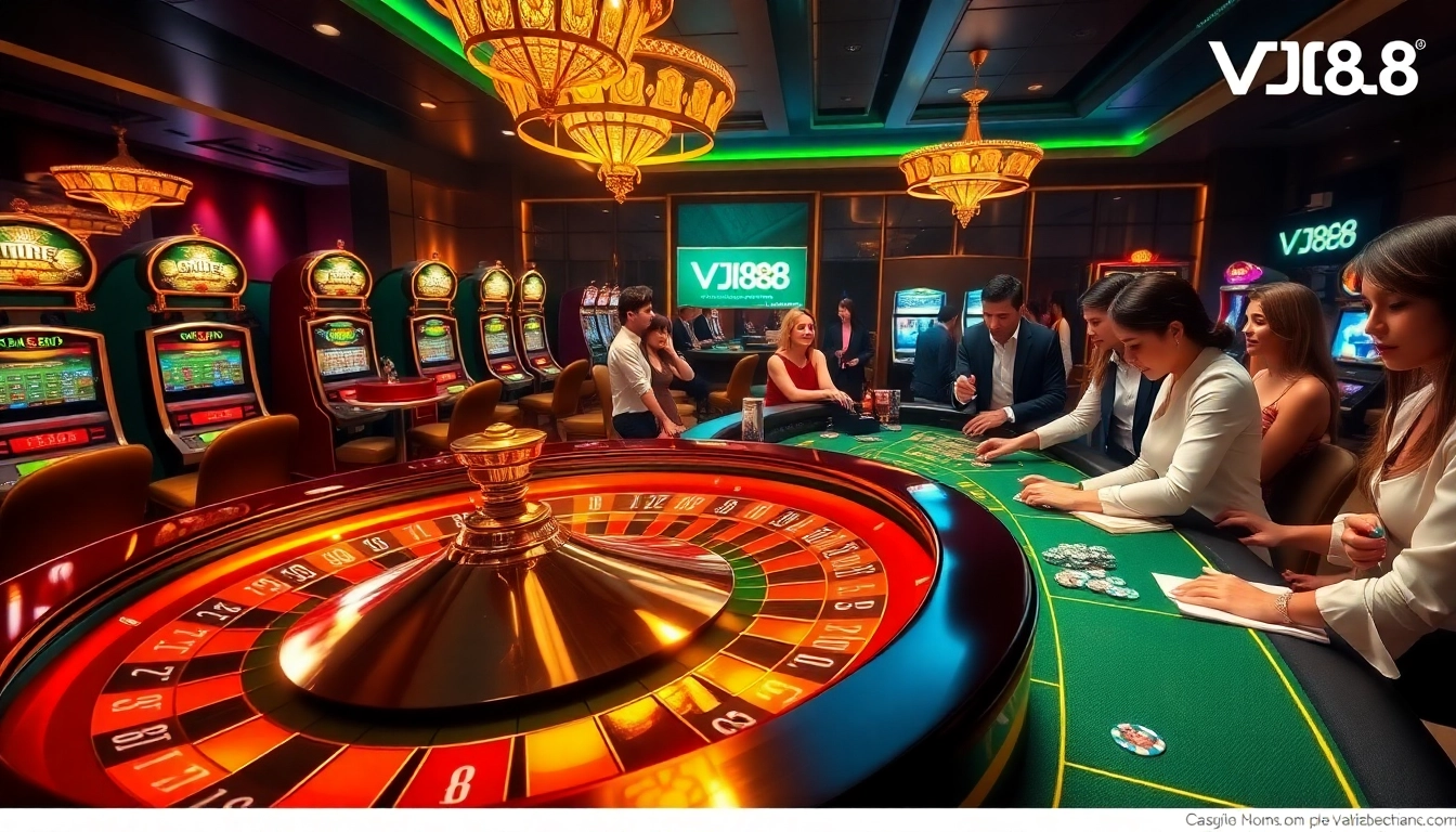Players enjoying a thrilling casino experience at VJ88 with roulette and poker tables.
