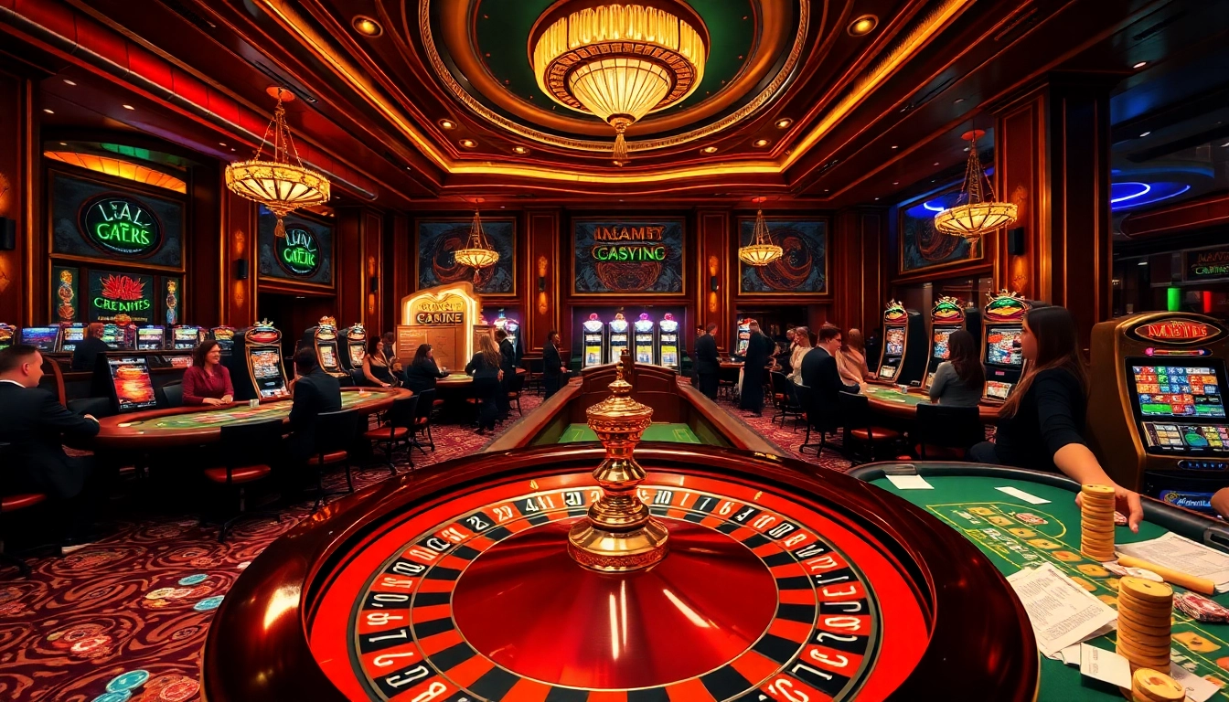 Experience excitement with Cwin in a bustling casino scene featuring poker tables and slot machines.