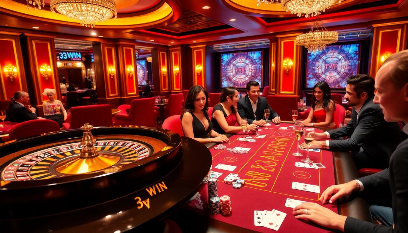 Glamorous VIP casino scene celebrating 32WIN Vip with poker tables and roulette wheels.