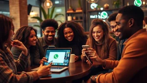 在咖啡馆使用 WhatsApp 网页版的朋友，展示快连官网的连接性与沟通。