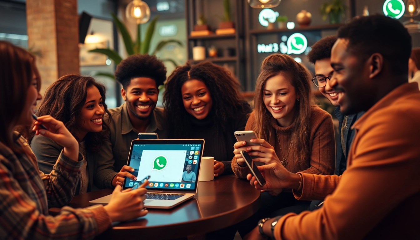 在咖啡馆使用 WhatsApp 网页版的朋友，展示快连官网的连接性与沟通。