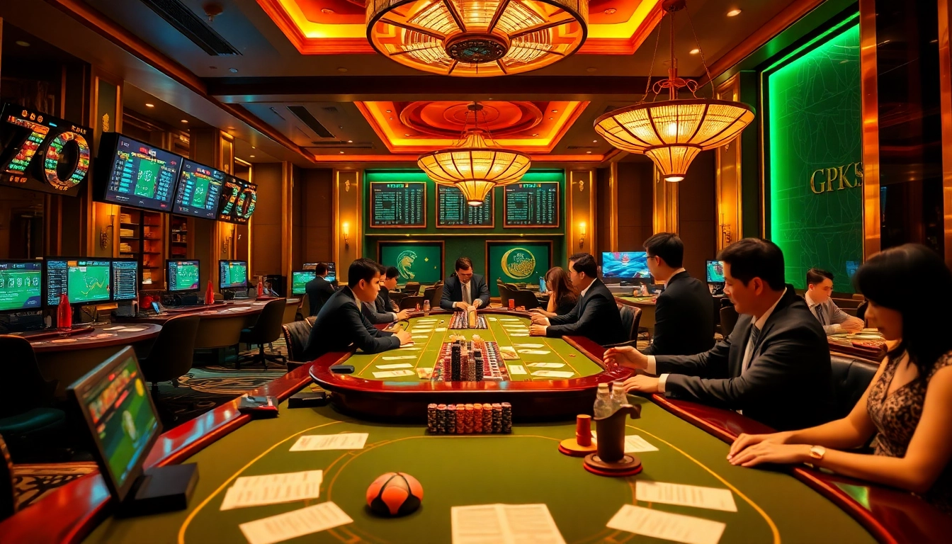 Action-packed scene of sports betting at thể thao xin88, highlighting vibrant tables and excited players.