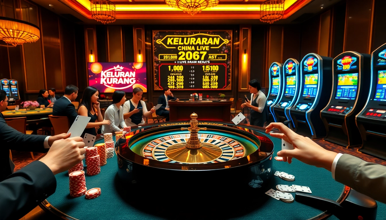 Keluaran china results displayed prominently in a vibrant casino setting with roulette, poker, and slot machines.