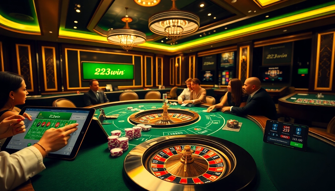 Experience the high-stakes excitement of 23win in a vibrant casino scene featuring cards and chips.