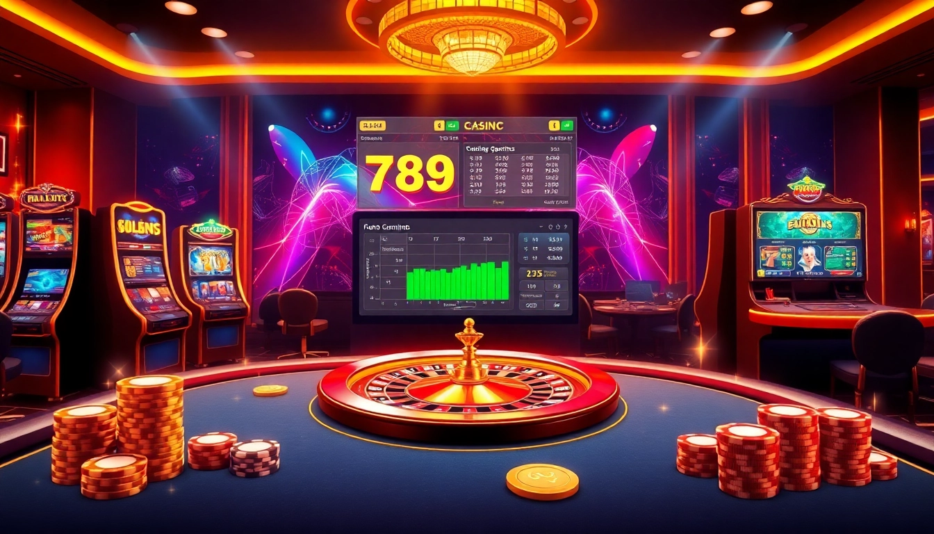 Play exciting games at 789CLUB with vibrant visuals of slot machines and casino tables.