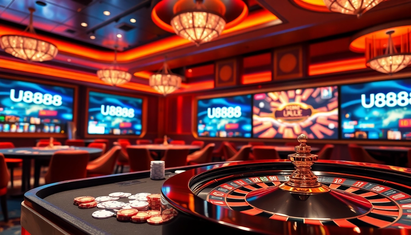 Experience exhilarating gameplay at U888 casino with vibrant gaming tables and roulette wheels.