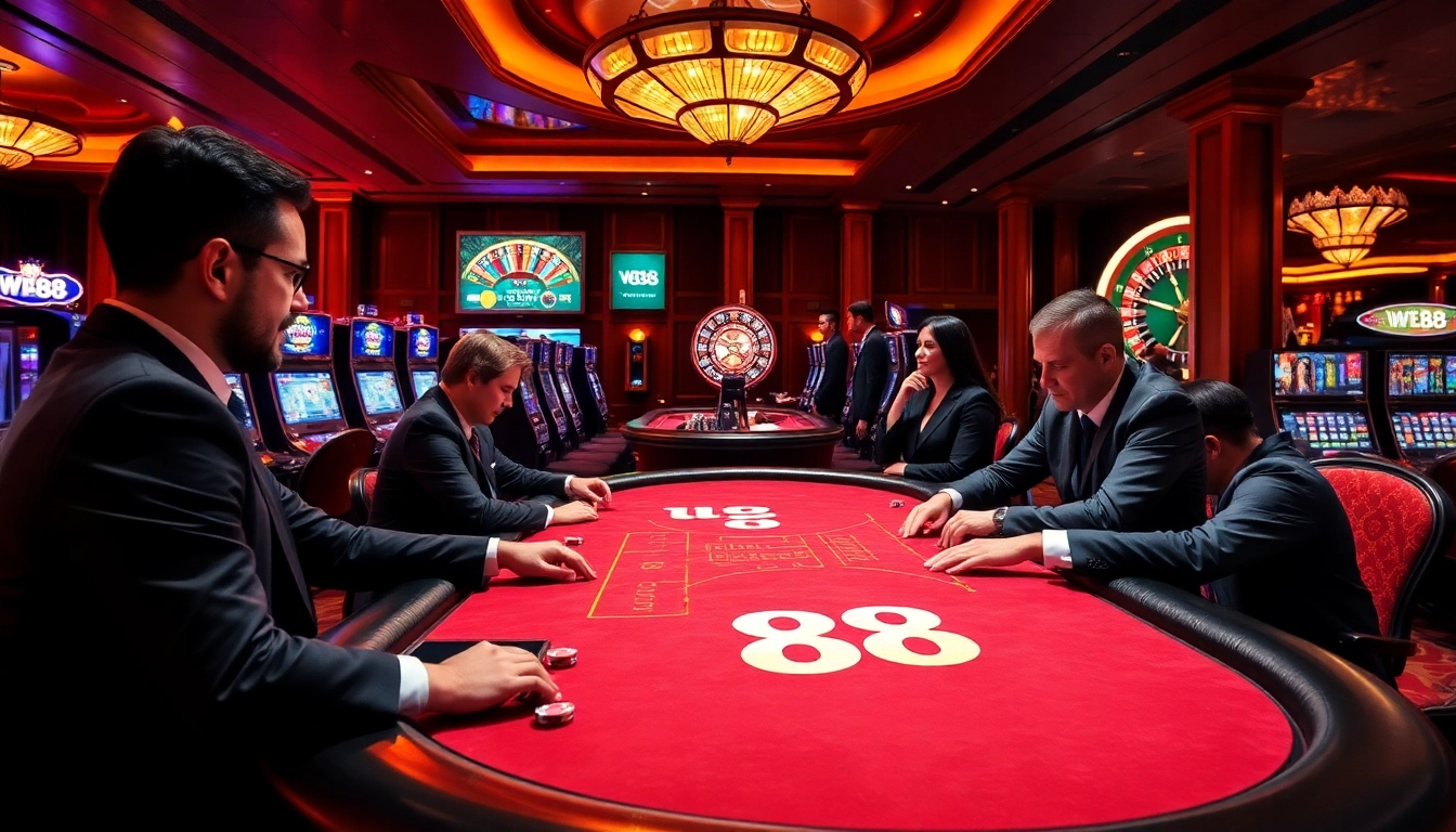 W88 poker players enjoying a high-stakes game at a luxurious casino table.