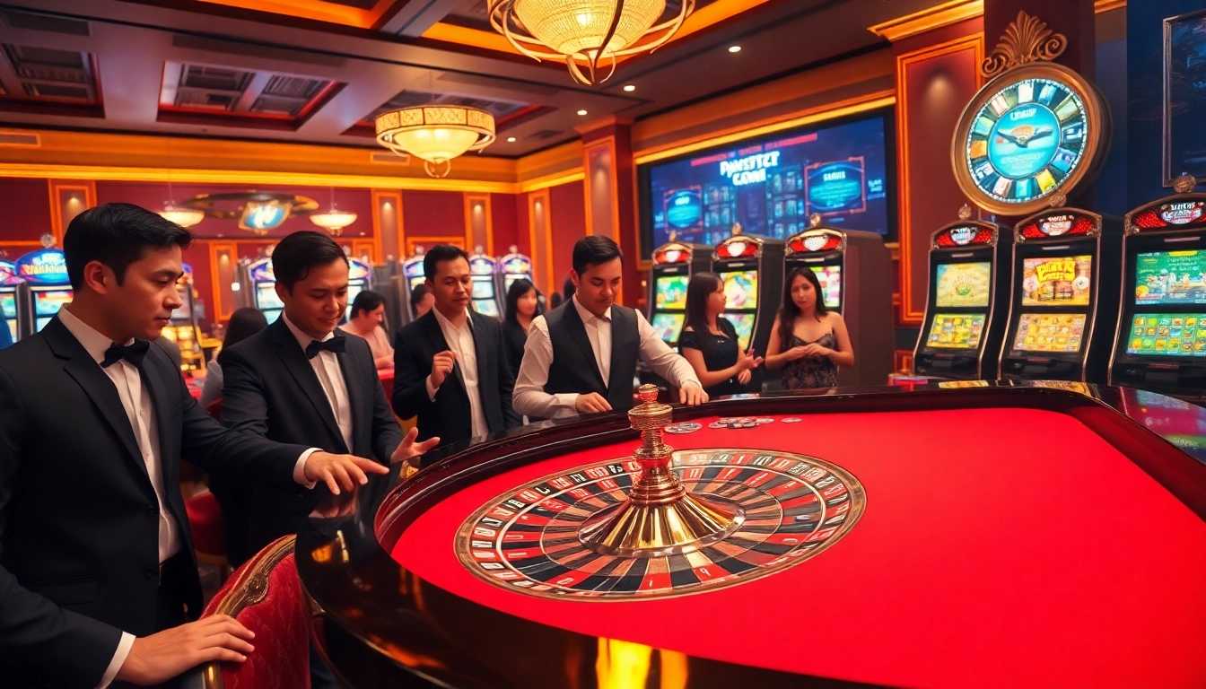 Players enjoying casino games at KK55.com with roulette wheel and poker chips.