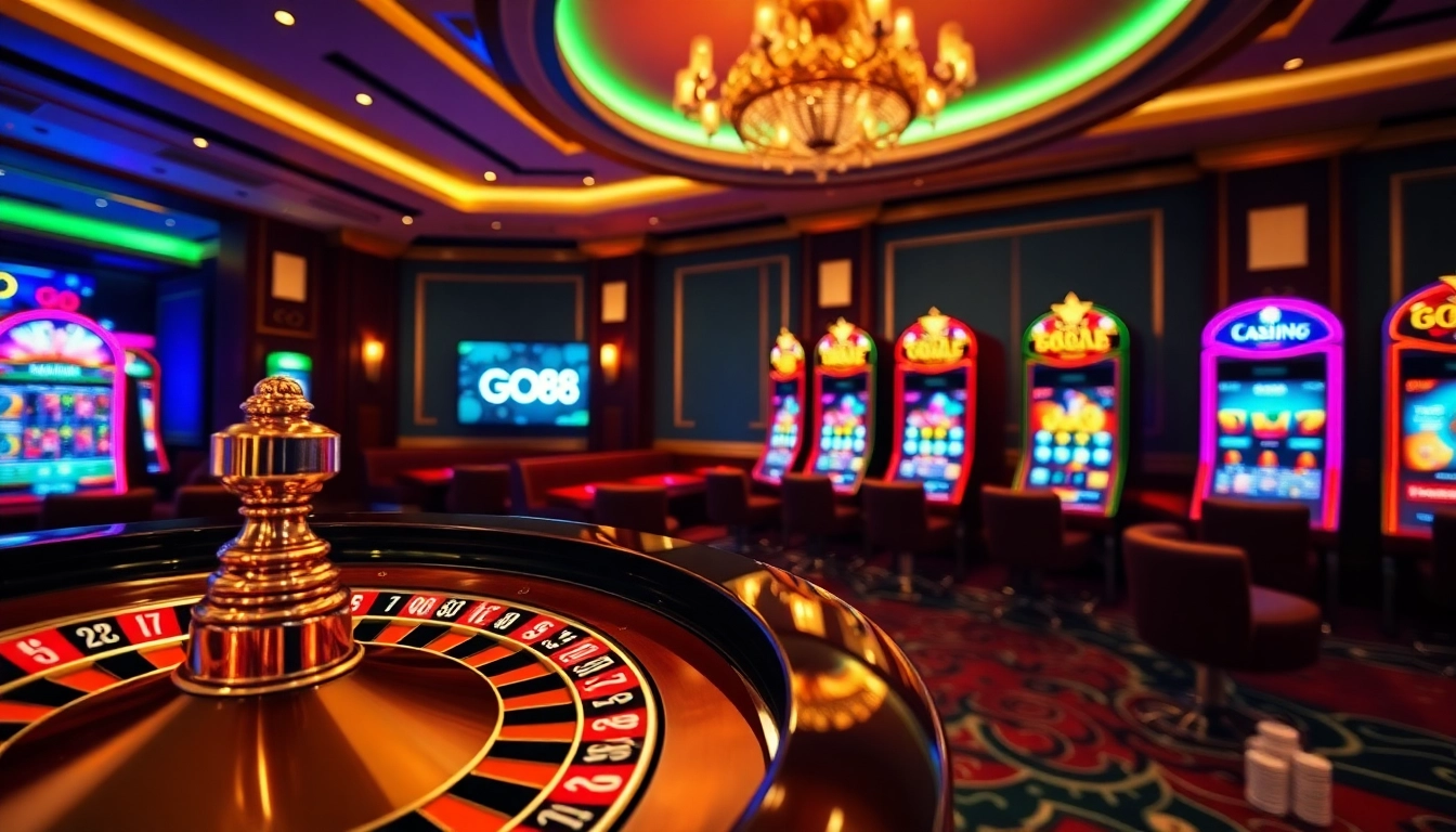 Exciting online betting scene at Go88 casino with roulette, poker chips, and slot machines.