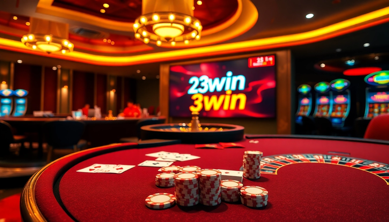 Experience the excitement of 23win at a luxurious casino with poker chips and roulette.