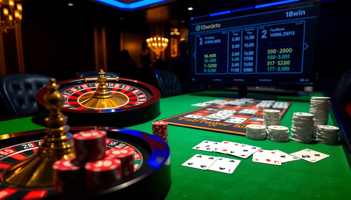 Experience thrilling gaming at 18win with poker chips and roulette wheels in a vibrant casino setting.