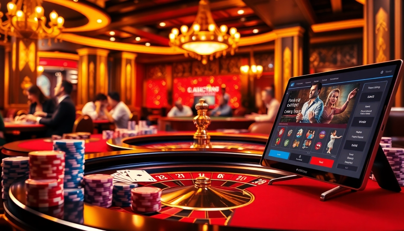 Engaging casino environment showcasing the thrilling rikvip gambling experience with vibrant roulette, poker chips, and online interfaces.