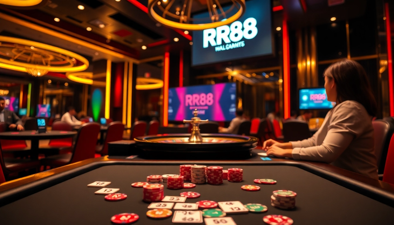 Experience the thrill of gambling at RR88 with vibrant casino tables and poker chips.