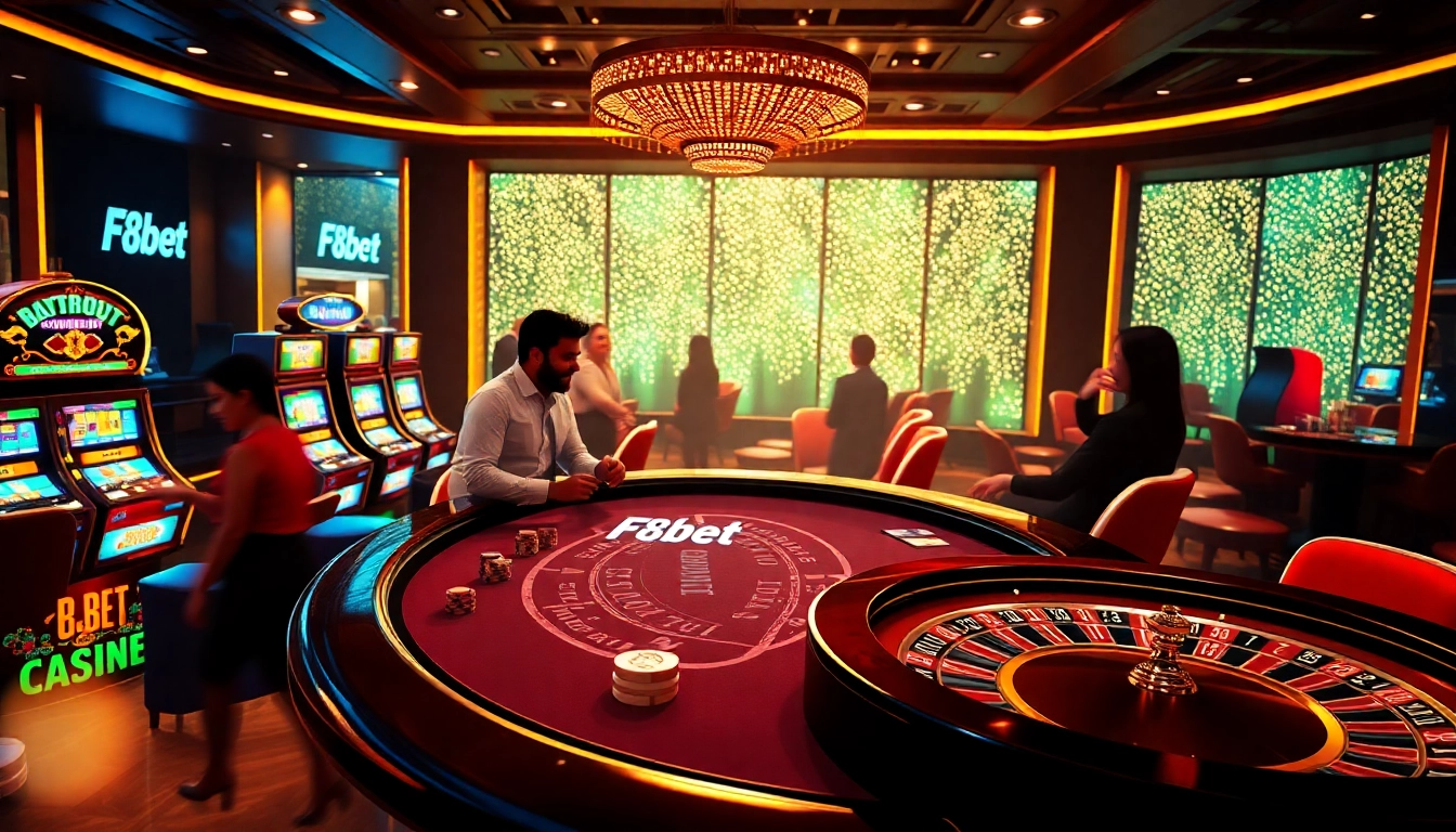 Experience the vibrant excitement of F8bet at a glamorous casino table with slot machines and poker chips.