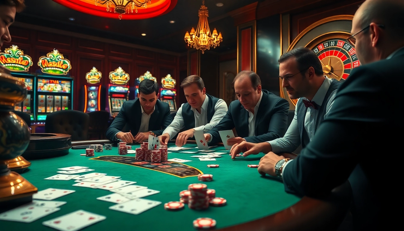 Players engaging with poker at nohu90, showcasing a thrilling casino atmosphere with vibrant colors.