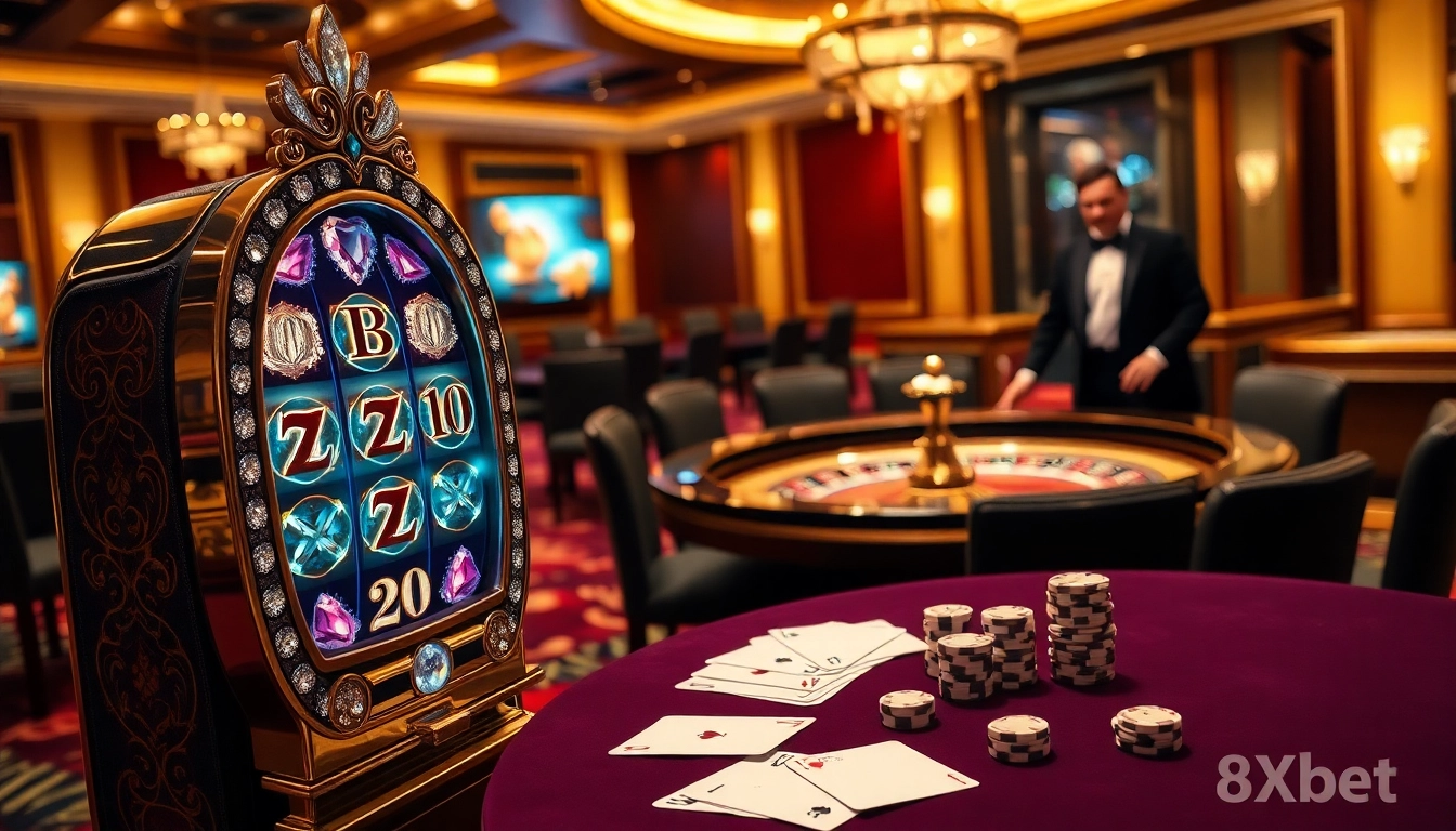 Players enjoying the excitement of 8Xbet at an upscale casino setting with slot machines and roulette.