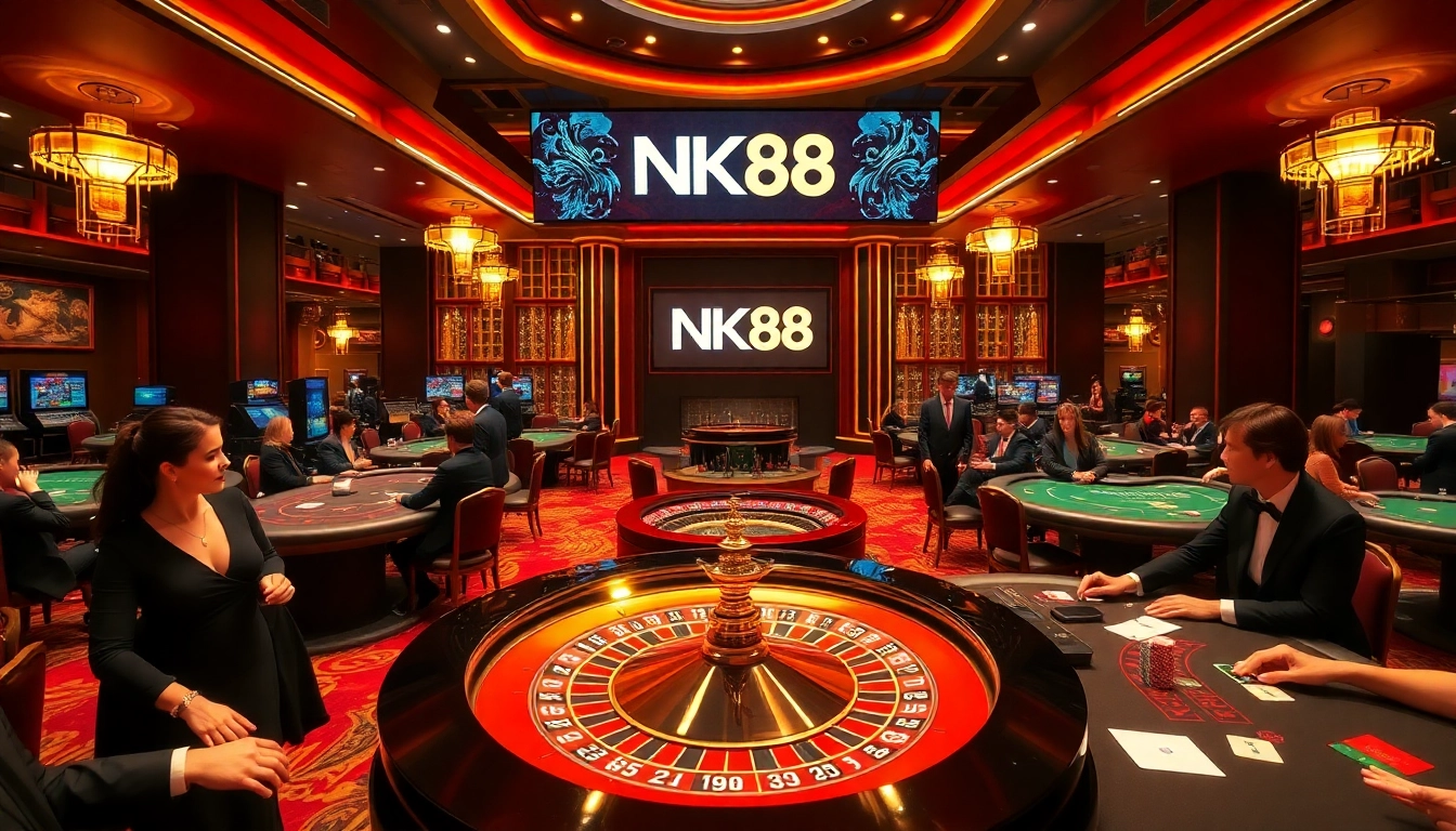 Experience the excitement at NK88 Casino with players enjoying roulette and poker under luxury lights.