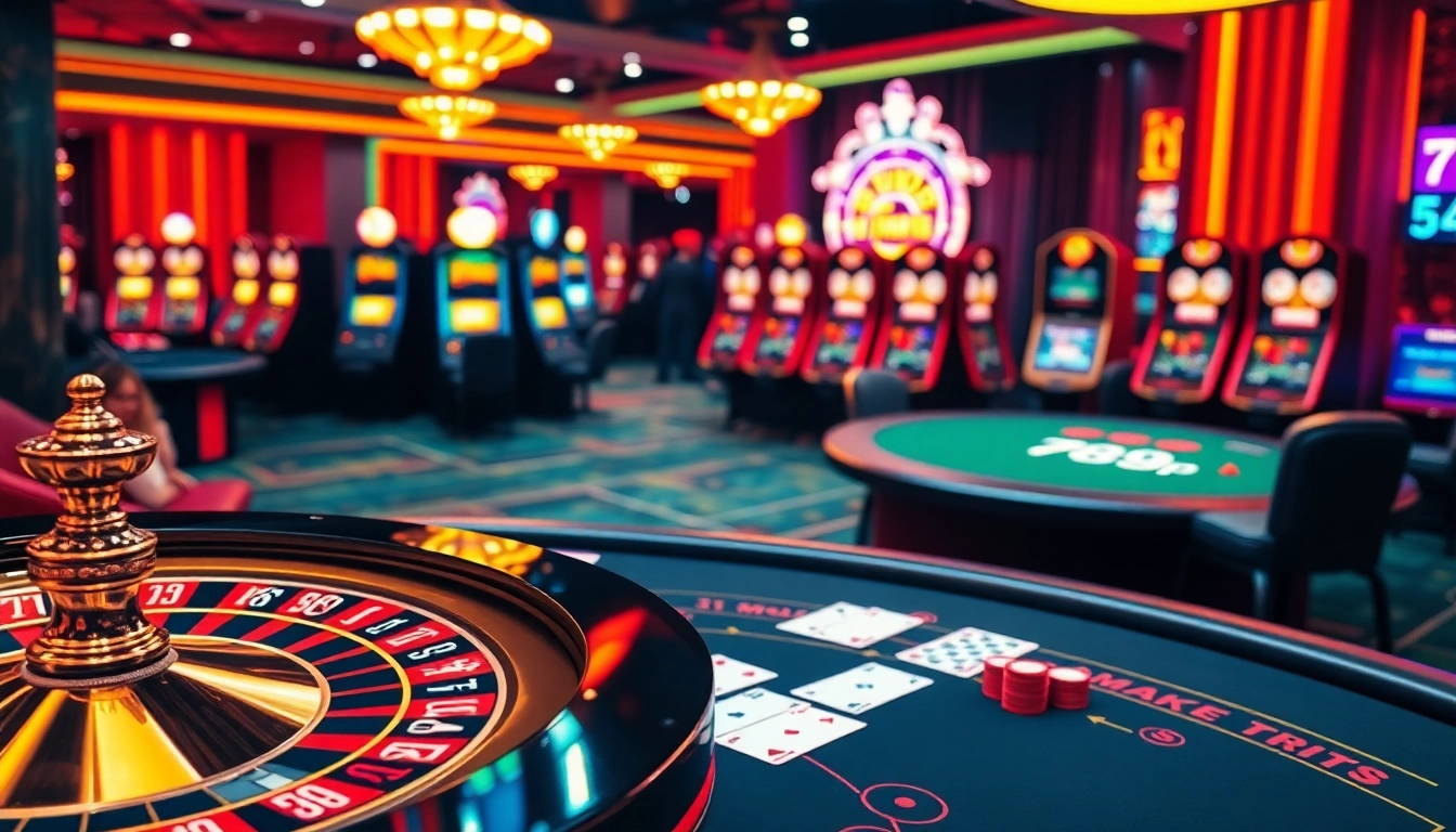 Exciting casino scene featuring roulette, poker, and slot machines with 789p branding.